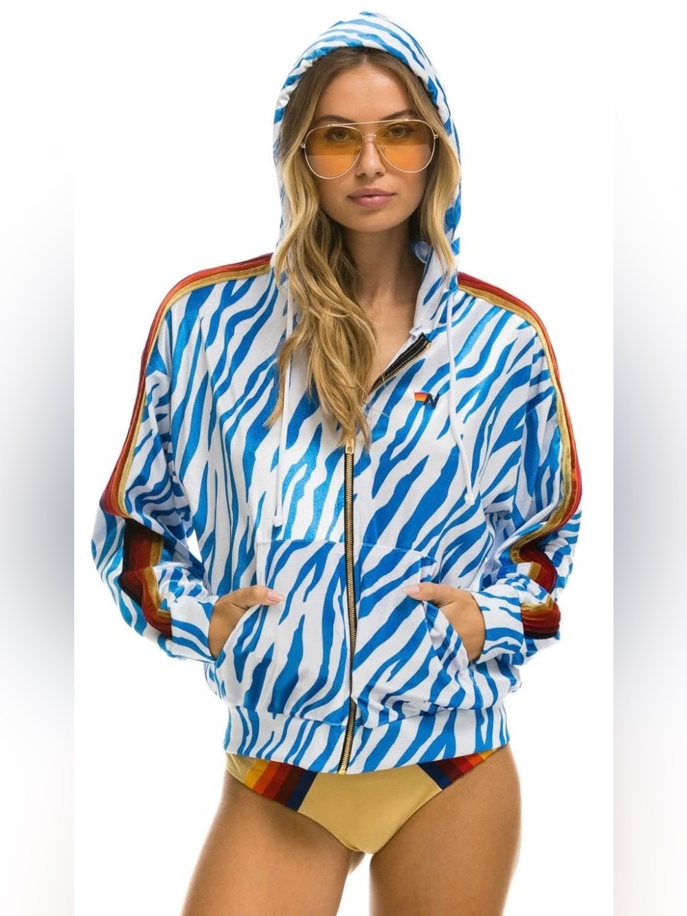 Aviator Nation Blue & White Zebra Stripe Hooded Zip Jacket with Rainbow Trim